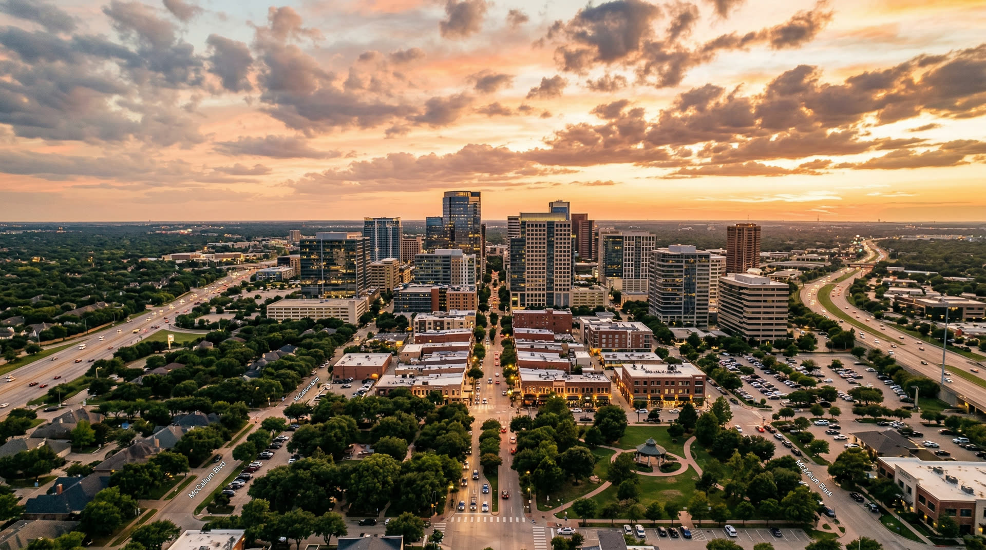 Aerial view of Plano and Allen Texas at golden hour — the community Web Designer Plano is proud to serve
