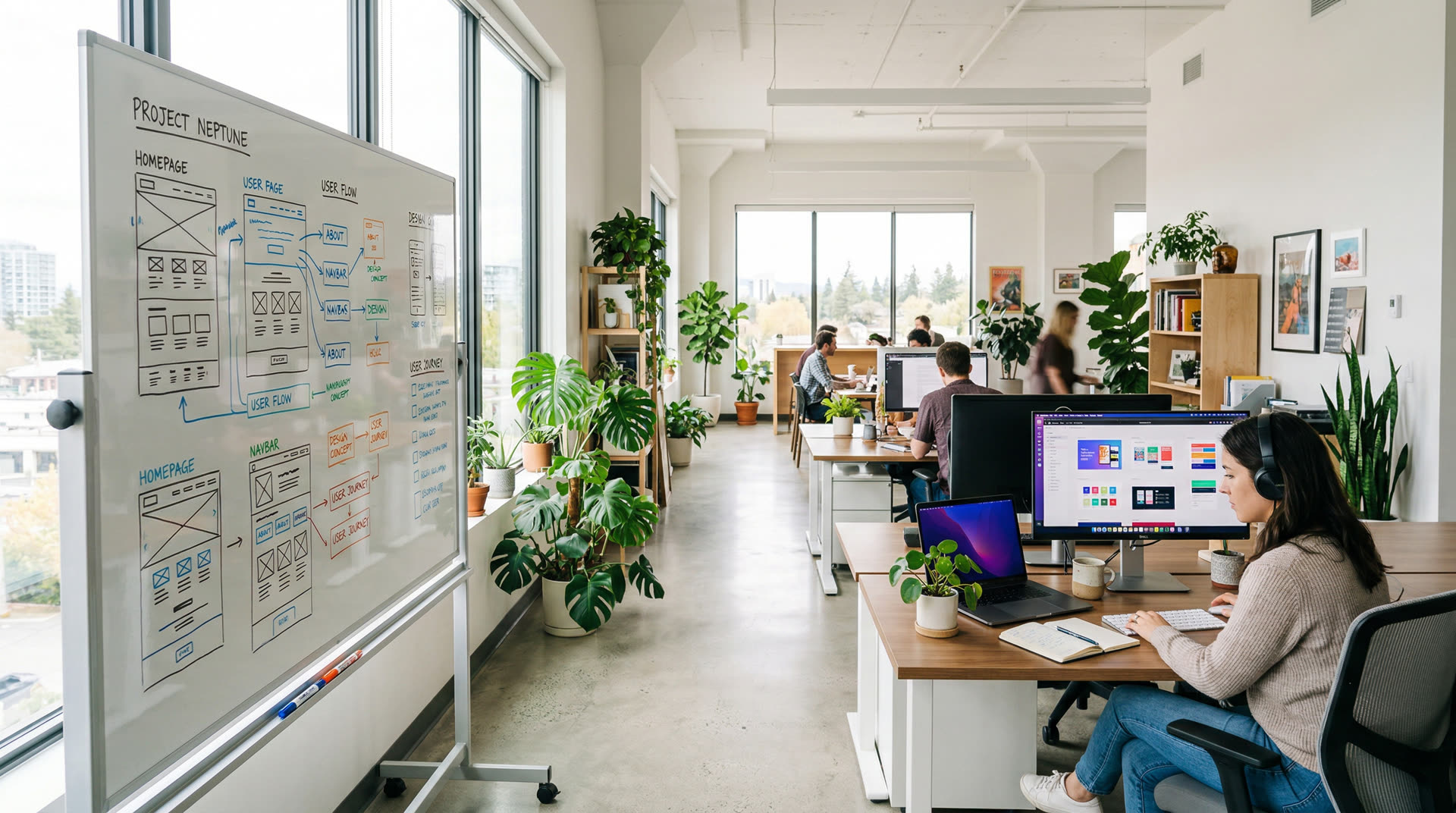 Bright web design studio with whiteboard wireframes for a Plano client project